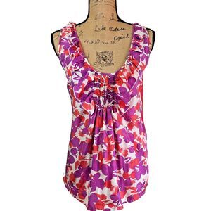 Weekend MaxMara Women's Red Floral Ruffle Neck Cotton/Silk Tank Top Blouse Sz M